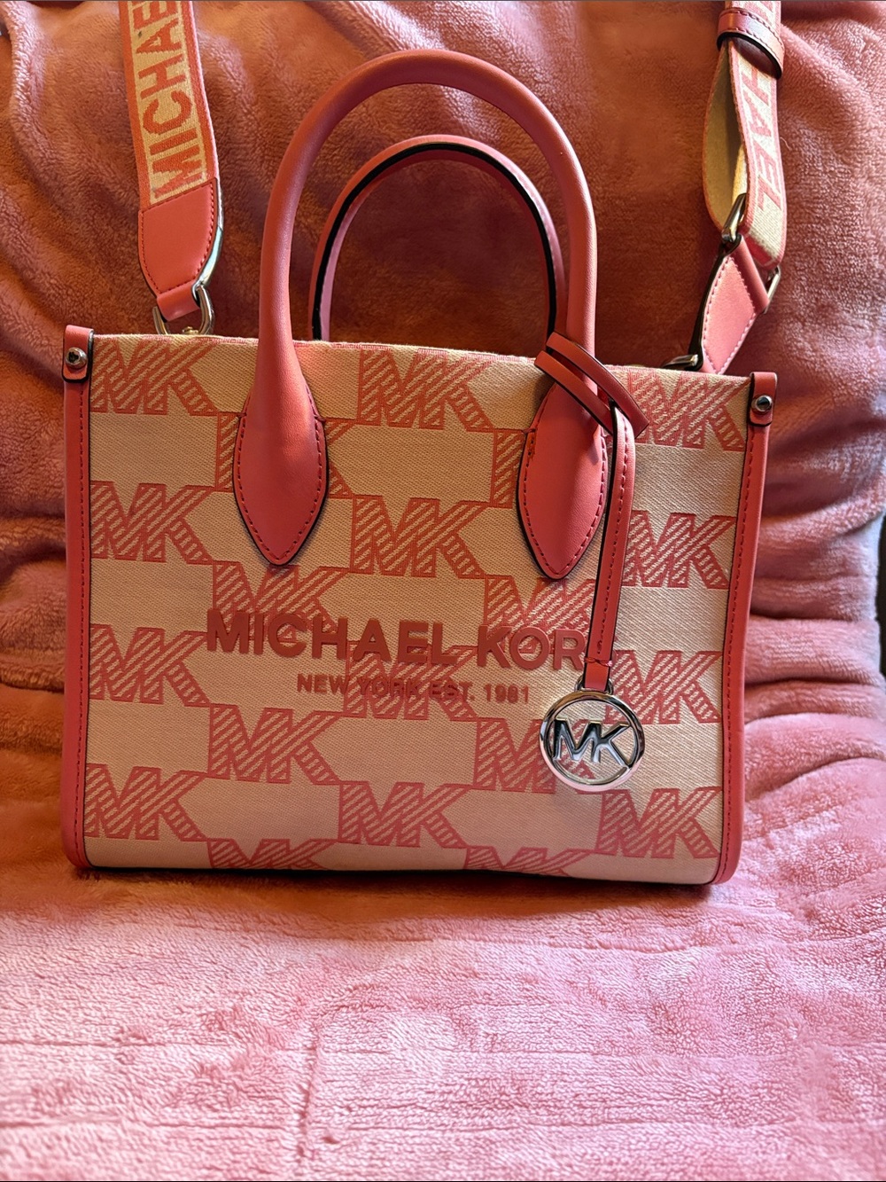 Michael Kors Pink Logo-Print Satchel with Removable Strap